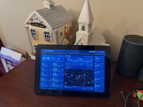 A user's tablet running myWeatherDesk on a wooden table at home